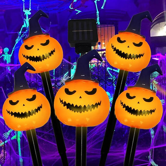 5 Pack Solar Pumpkin Pathway Lights for Halloween – With Purple Hats