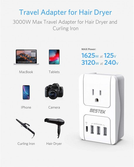 BESTEK 3000W International Travel Adapter with PD 3.0