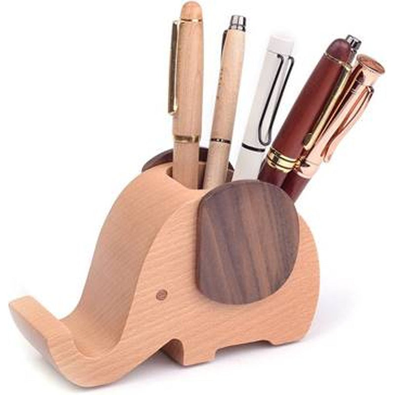 Wooden Elephant Phone Stand with Pen Holder