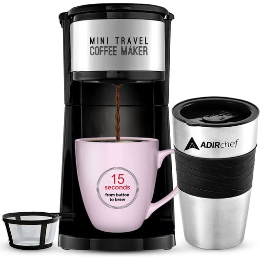 AdirChef Mini Travel Single Serve Coffee Maker & 15 oz. Travel Mug Coffee Tumbler & Reusable Filter