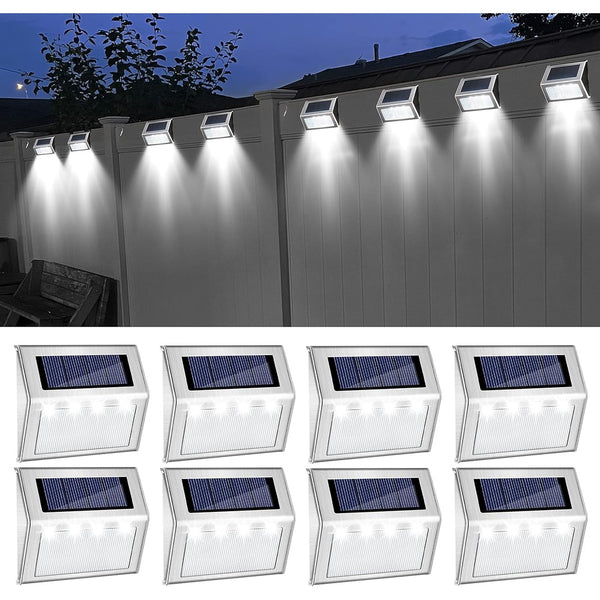 8 Pack Stainless Steel Solar Lights – For Stairs, Pathways and Decks – Cool White