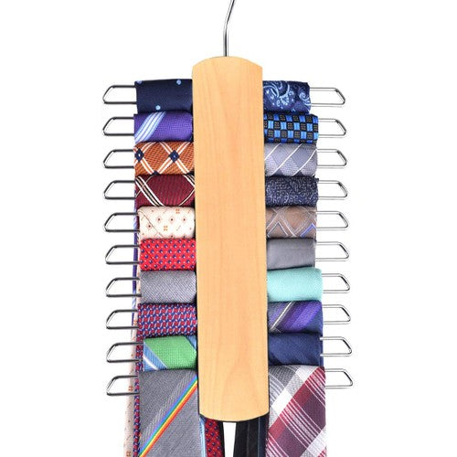 Premium Wooden Necktie and Belt Hanger with a Non-Slip Finish - 20 Hooks