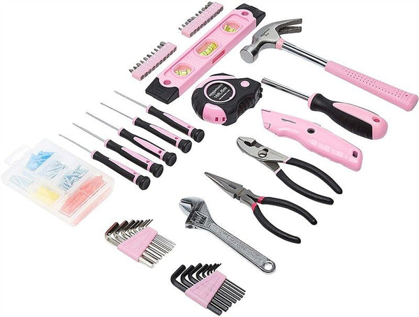 Amazon Basics Household Tool Set with Tool Storage Box - 150-Piece, Pink