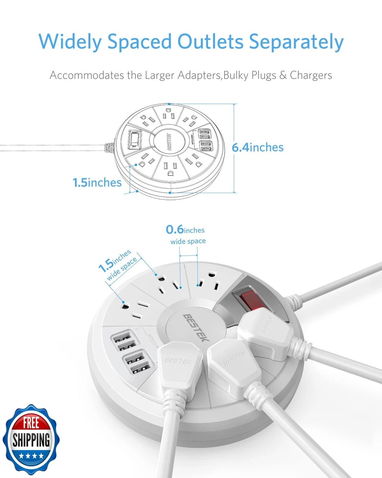 Travel Power Strip, BESTEK 6Ft Extension Cord with 4 USB Ports and 6-Outlet