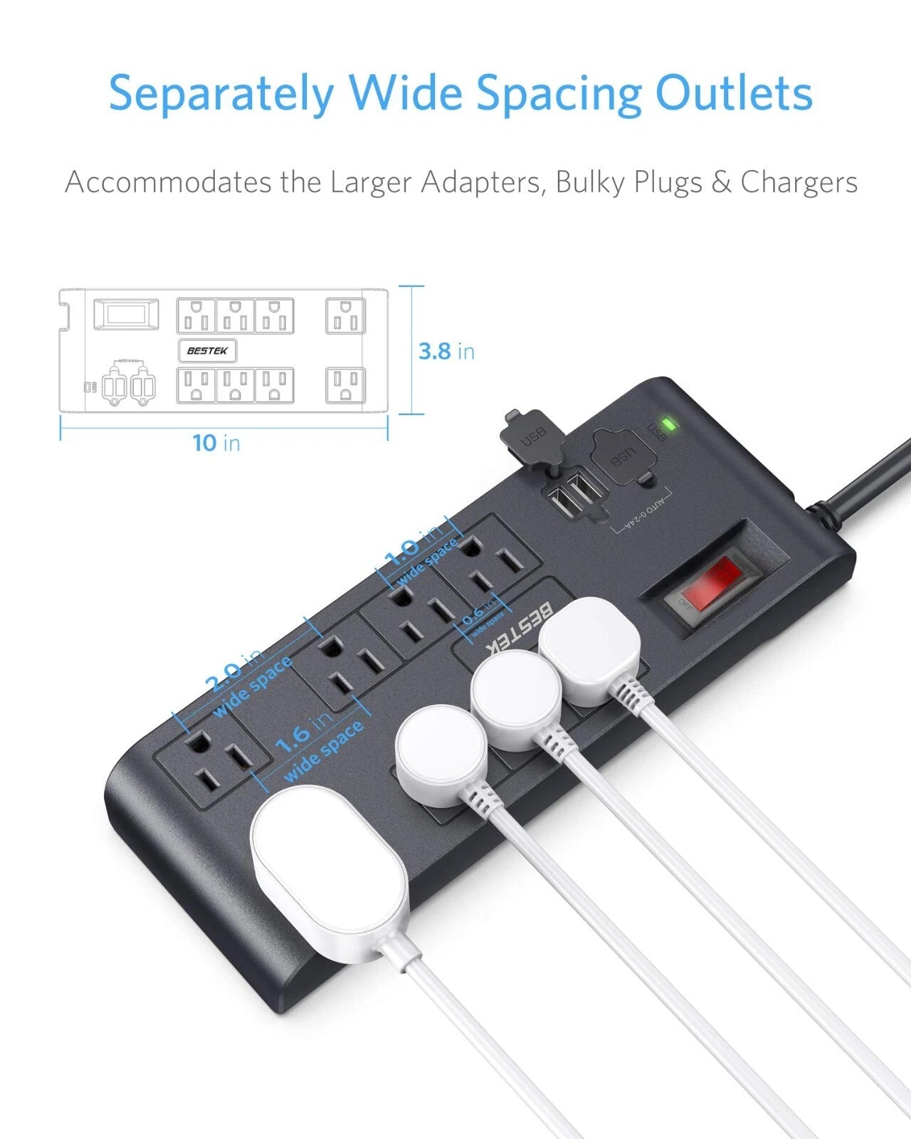 BESTEK 8-Outlet 6Ft Extension Cord Power Strip with 4 USB 1875W Surge Protector