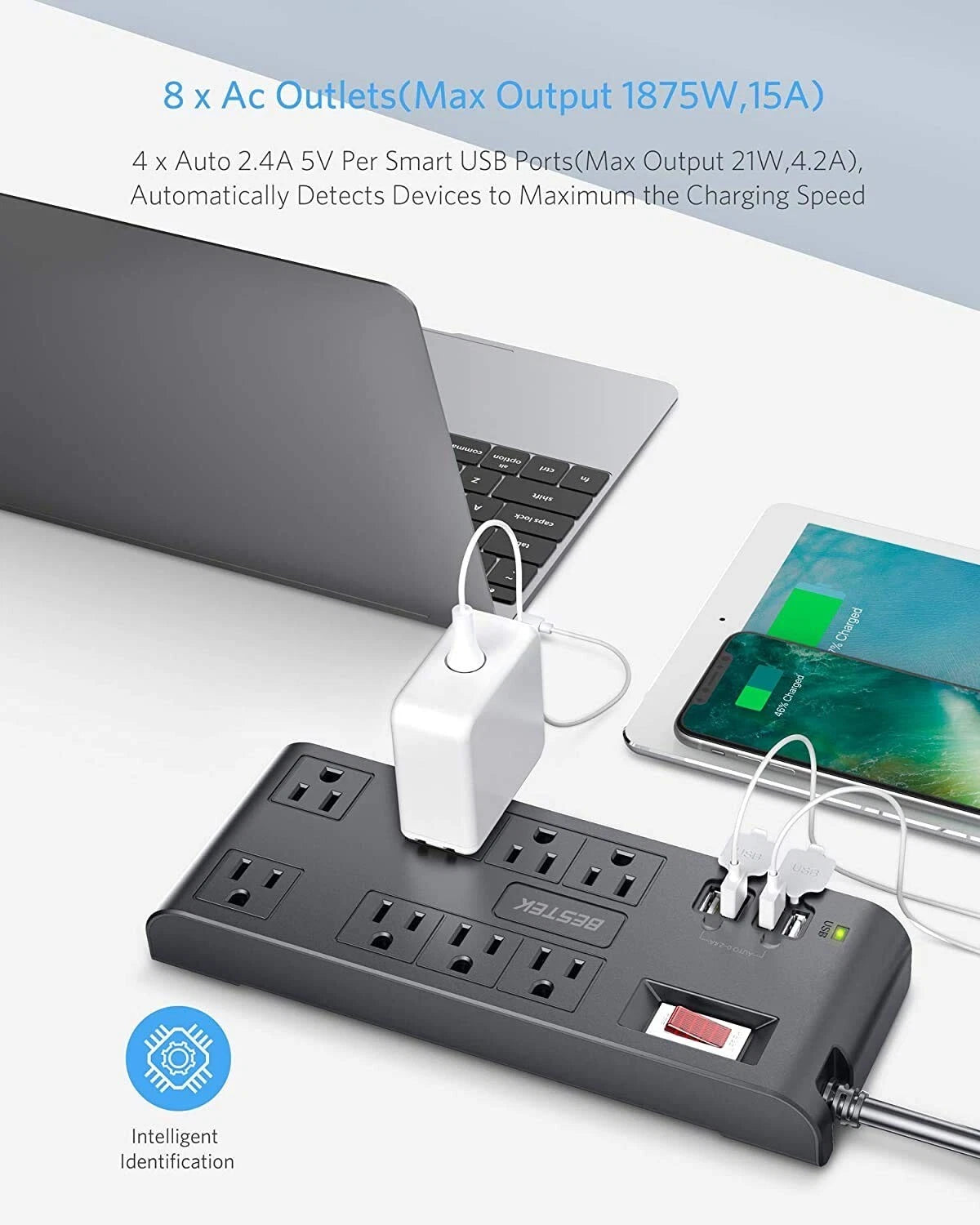 BESTEK 8-Outlet 6Ft Extension Cord Power Strip with 4 USB 1875W Surge Protector