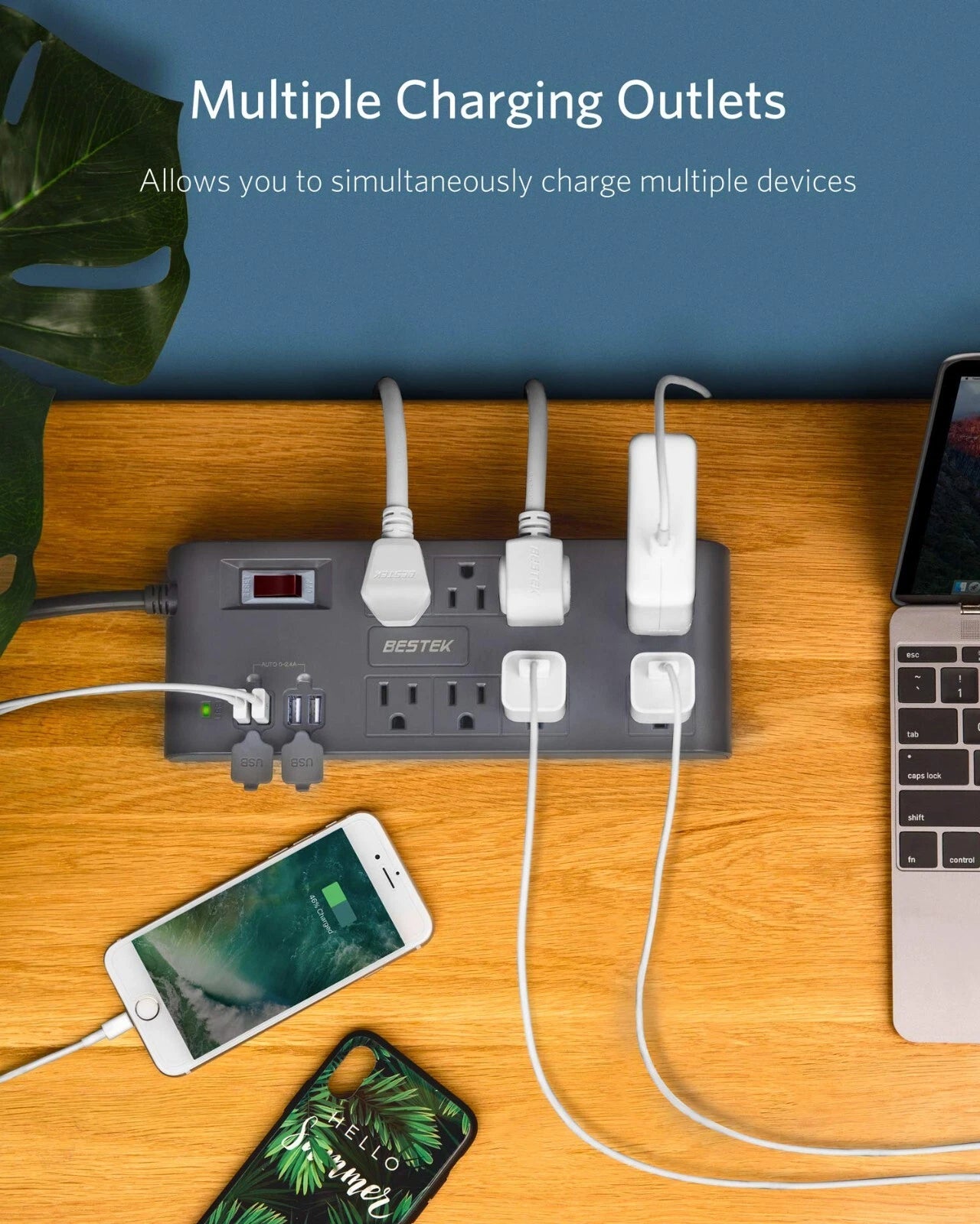 BESTEK 8-Outlet 6Ft Extension Cord Power Strip with 4 USB 1875W Surge Protector