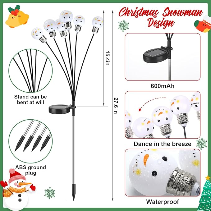 4 Pack Snowman Bulb Solar Pathway Lights – Waterproof – Two Flashing Modes