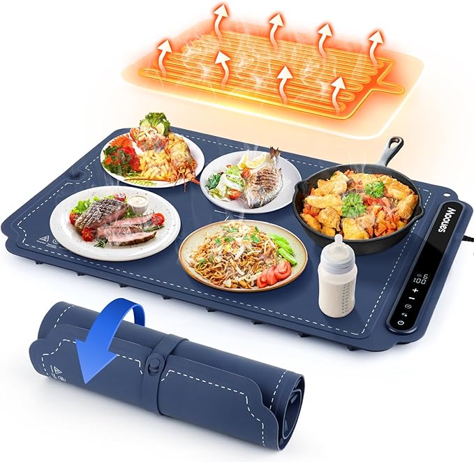 Food Warmer Mat – Portable Silicone Food Warming Mat – 7 Level Temperature and 6 Hours Timer