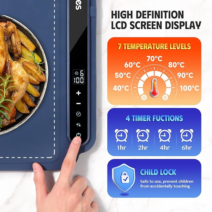 Food Warmer Mat – Portable Silicone Food Warming Mat – 7 Level Temperature and 6 Hours Timer