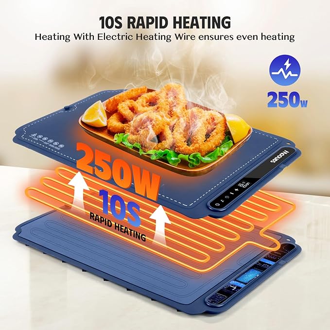 Food Warmer Mat – Portable Silicone Food Warming Mat – 7 Level Temperature and 6 Hours Timer