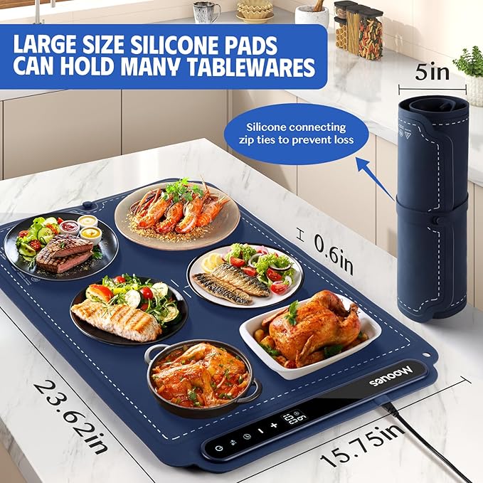 Food Warmer Mat – Portable Silicone Food Warming Mat – 7 Level Temperature and 6 Hours Timer