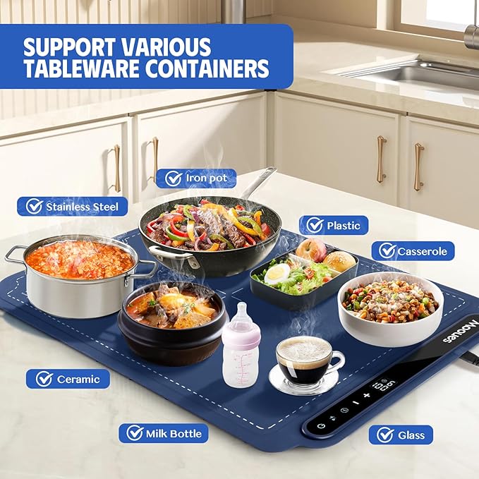 Food Warmer Mat – Portable Silicone Food Warming Mat – 7 Level Temperature and 6 Hours Timer