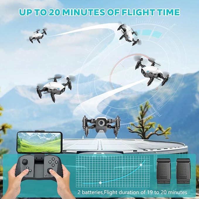 Drone with Camera – White – Foldable Wings – Voice & Gesture Control – 2 Rechargeable Batteries