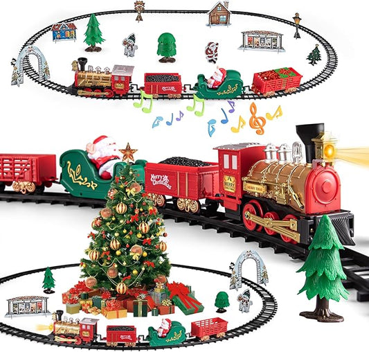 Toy Train Set – Perfect Christmas Tree Train – Battery Powered Locomotive with Light & Sound