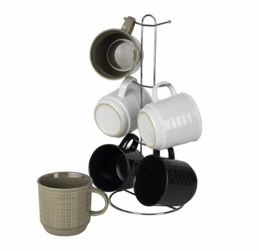 6-Piece Stoneware Mug Set with Metal Rack