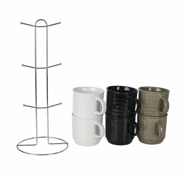 6-Piece Stoneware Mug Set with Metal Rack