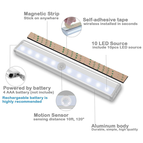 3-Pack 10 Led Motion Sensor Stick On Light Bars - MITOPDEAL