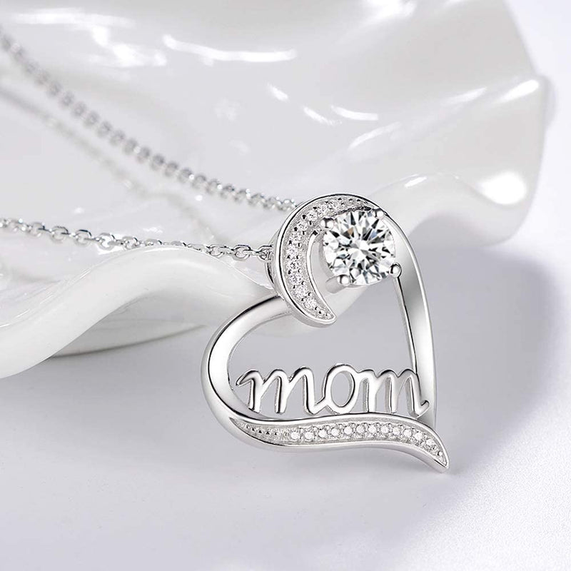 18kt White Gold Cubic Zirconia Mom Heart Necklace